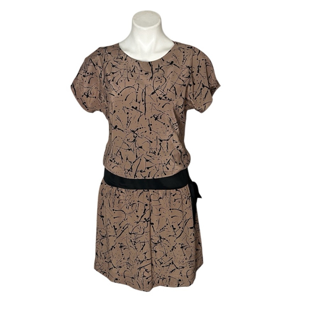 SAKS FIFTH AVENUE Dress Warren Petites Splatter Abstract Brown Black 80s VINTAGE